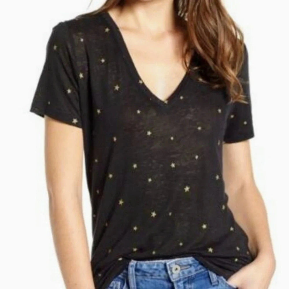 Rails Tee Linen Blend Star Print V-Neck Short Sleeve Semi Sheer Navy White M NWT - Picture 2 of 11